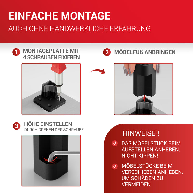 LouMaxx Möbelfüße verstellbar – 4er Set 38x38x60mm in Schwarz inkl. Befestigungsplatte – Füsse für Schränke passend als Kallax Füße – Hochwertige Schrank Füße für individuelle DIY-Möbel