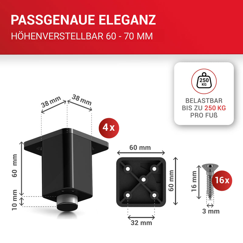 LouMaxx Möbelfüße verstellbar – 4er Set 38x38x60mm in Schwarz inkl. Befestigungsplatte – Füsse für Schränke passend als Kallax Füße – Hochwertige Schrank Füße für individuelle DIY-Möbel