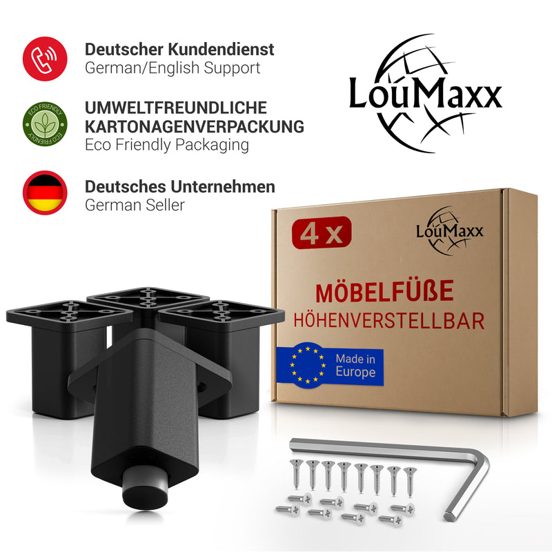 LouMaxx Möbelfüße verstellbar – 4er Set 38x38x60mm in Schwarz inkl. Befestigungsplatte – Füsse für Schränke passend als Kallax Füße – Hochwertige Schrank Füße für individuelle DIY-Möbel