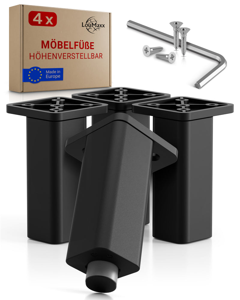 LouMaxx Möbelfüße verstellbar – 4er Set 38x38x100mm in Schwarz inkl. Befestigungsplatte – Füsse für Schränke passend als Kallax Füße – Hochwertige Schrank Füße für individuelle DIY-Möbel