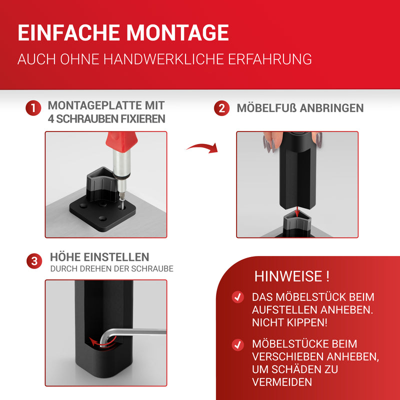 LouMaxx Möbelfüße verstellbar – 4er Set 38x38x100mm in Schwarz inkl. Befestigungsplatte – Füsse für Schränke passend als Kallax Füße – Hochwertige Schrank Füße für individuelle DIY-Möbel