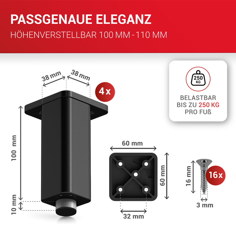 LouMaxx Möbelfüße verstellbar – 4er Set 38x38x100mm in Schwarz inkl. Befestigungsplatte – Füsse für Schränke passend als Kallax Füße – Hochwertige Schrank Füße für individuelle DIY-Möbel