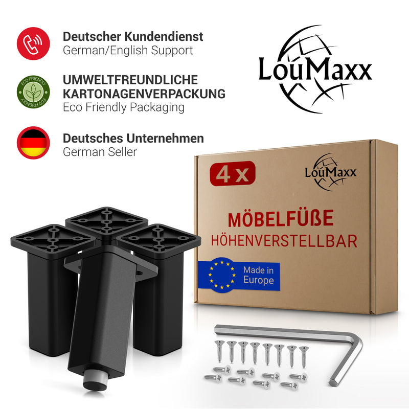 LouMaxx Möbelfüße verstellbar – 4er Set 38x38x100mm in Schwarz inkl. Befestigungsplatte – Füsse für Schränke passend als Kallax Füße – Hochwertige Schrank Füße für individuelle DIY-Möbel