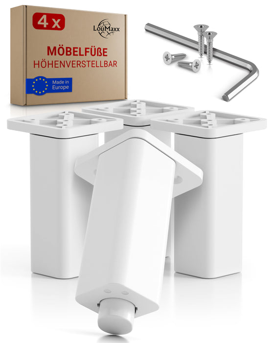 LouMaxx Möbelfüße höhenverstellbar – 4er Set 38x38x100mm in Weiß inkl. Befestigungsplatte – Füsse für Schränke passend als Kallax Füße – Hochwertige Schrank Füße für individuelle DIY-Möbel