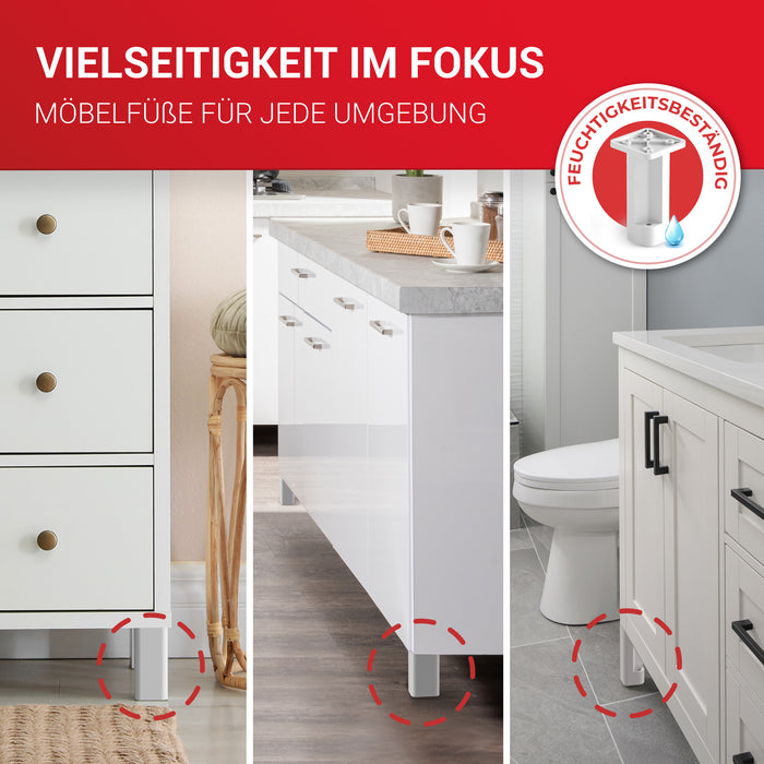 LouMaxx Möbelfüße höhenverstellbar – 4er Set 38x38x100mm in Weiß inkl. Befestigungsplatte – Füsse für Schränke passend als Kallax Füße – Hochwertige Schrank Füße für individuelle DIY-Möbel