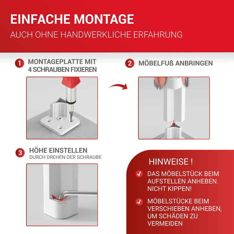 LouMaxx Möbelfüße höhenverstellbar – 4er Set 38x38x100mm in Weiß inkl. Befestigungsplatte – Füsse für Schränke passend als Kallax Füße – Hochwertige Schrank Füße für individuelle DIY-Möbel