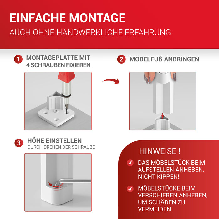 LouMaxx Möbelfüße höhenverstellbar – 4er Set 38x38x100mm in Weiß inkl. Befestigungsplatte – Füsse für Schränke passend als Kallax Füße – Hochwertige Schrank Füße für individuelle DIY-Möbel