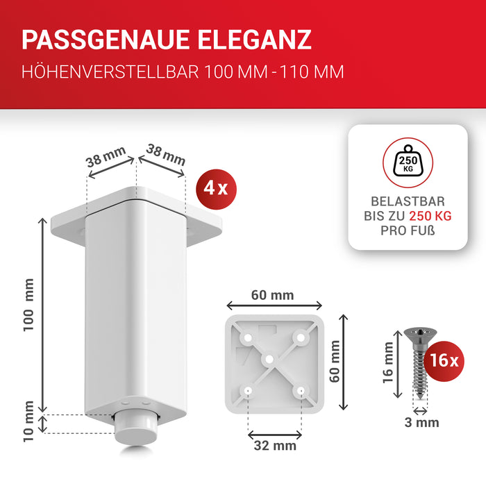 LouMaxx Möbelfüße höhenverstellbar – 4er Set 38x38x100mm in Weiß inkl. Befestigungsplatte – Füsse für Schränke passend als Kallax Füße – Hochwertige Schrank Füße für individuelle DIY-Möbel