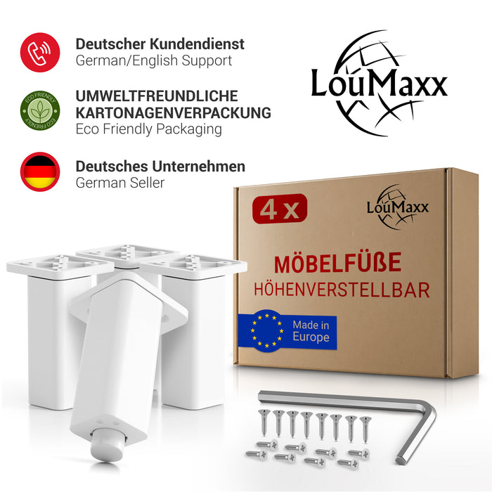 LouMaxx Möbelfüße höhenverstellbar – 4er Set 38x38x100mm in Weiß inkl. Befestigungsplatte – Füsse für Schränke passend als Kallax Füße – Hochwertige Schrank Füße für individuelle DIY-Möbel