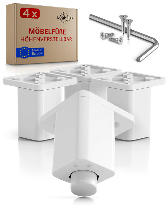 LouMaxx Möbelfüße höhenverstellbar – 4er Set 38x38x60mm in Weiß inkl. Befestigungsplatte – Füsse für Schränke passend als Kallax Füße – Hochwertige Schrank Füße für individuelle DIY-Möbel