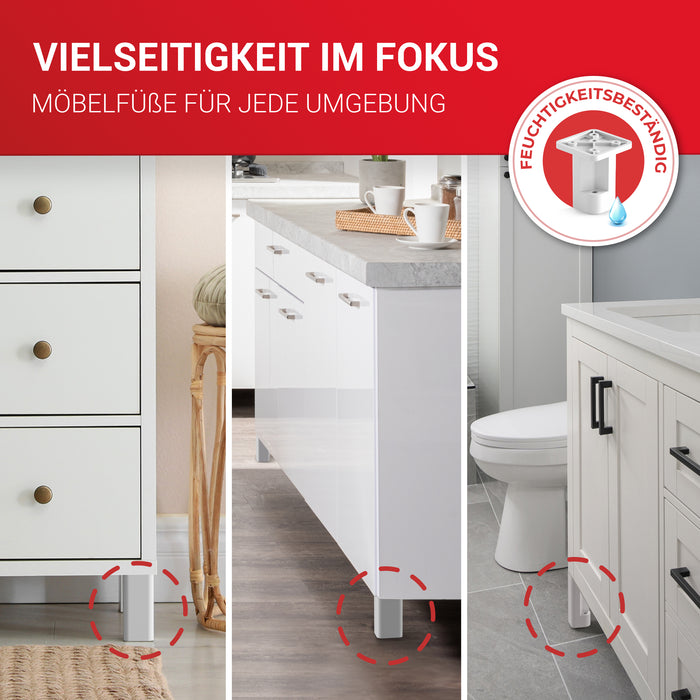 LouMaxx Möbelfüße höhenverstellbar – 4er Set 38x38x60mm in Weiß inkl. Befestigungsplatte – Füsse für Schränke passend als Kallax Füße – Hochwertige Schrank Füße für individuelle DIY-Möbel