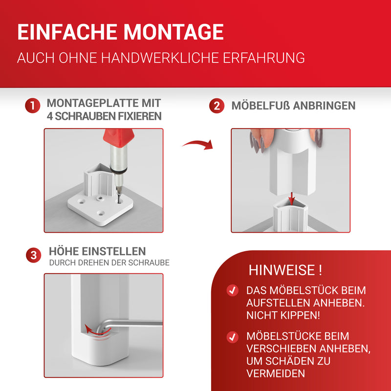 LouMaxx Möbelfüße höhenverstellbar – 4er Set 38x38x60mm in Weiß inkl. Befestigungsplatte – Füsse für Schränke passend als Kallax Füße – Hochwertige Schrank Füße für individuelle DIY-Möbel