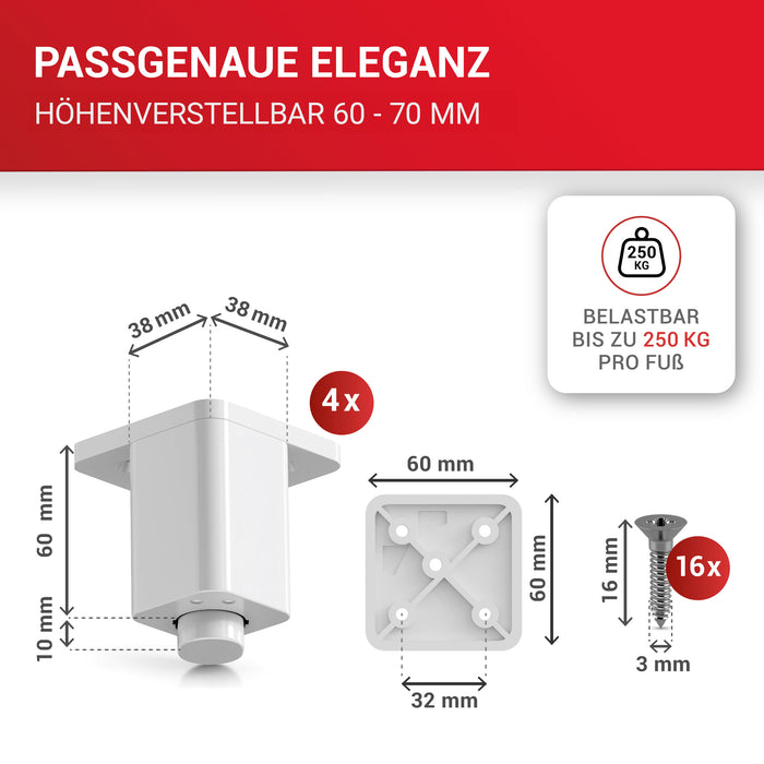 LouMaxx Möbelfüße höhenverstellbar – 4er Set 38x38x60mm in Weiß inkl. Befestigungsplatte – Füsse für Schränke passend als Kallax Füße – Hochwertige Schrank Füße für individuelle DIY-Möbel