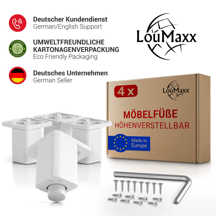 LouMaxx Möbelfüße höhenverstellbar – 4er Set 38x38x60mm in Weiß inkl. Befestigungsplatte – Füsse für Schränke passend als Kallax Füße – Hochwertige Schrank Füße für individuelle DIY-Möbel