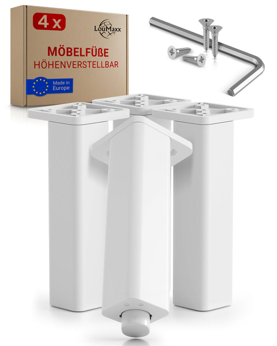 LouMaxx Möbelfüße höhenverstellbar – 4er Set 38x38x150mm in Weiß inkl. Befestigungsplatte – Füsse für Schränke passend als Kallax Füße – Hochwertige Schrank Füße für individuelle DIY-Möbel