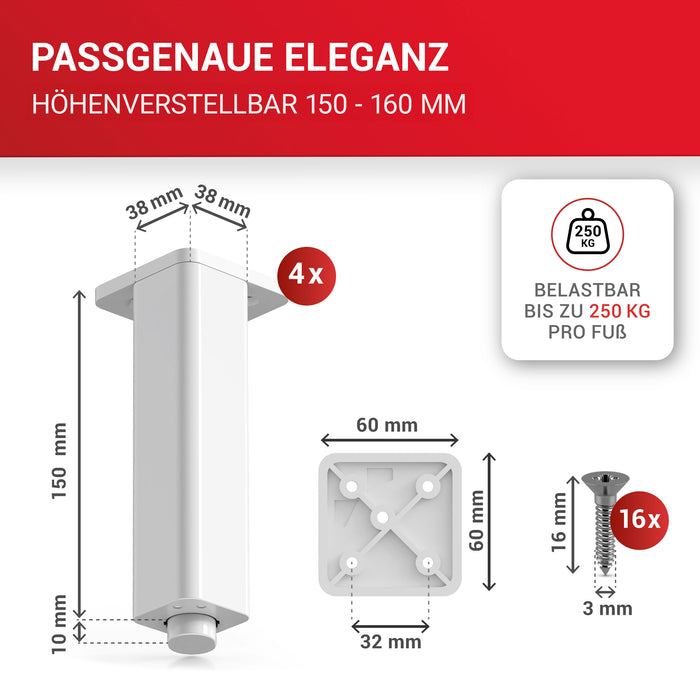 LouMaxx Möbelfüße höhenverstellbar – 4er Set 38x38x150mm in Weiß inkl. Befestigungsplatte – Füsse für Schränke passend als Kallax Füße – Hochwertige Schrank Füße für individuelle DIY-Möbel