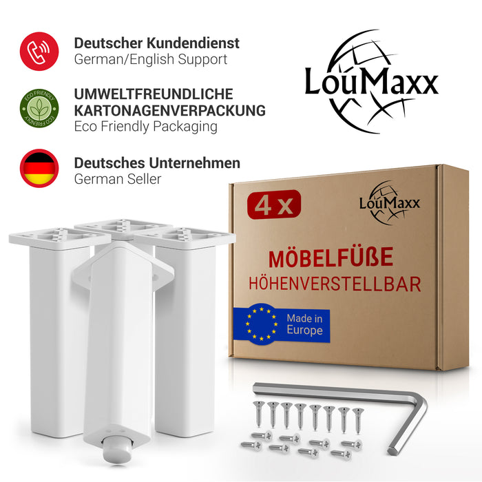 LouMaxx Möbelfüße höhenverstellbar – 4er Set 38x38x150mm in Weiß inkl. Befestigungsplatte – Füsse für Schränke passend als Kallax Füße – Hochwertige Schrank Füße für individuelle DIY-Möbel