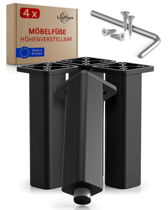 LouMaxx Möbelfüße verstellbar – 4er Set 38x38x150mm in Schwarz inkl. Befestigungsplatte – Füsse für Schränke passend als Kallax Füße – Hochwertige Schrank Füße für individuelle DIY-Möbel