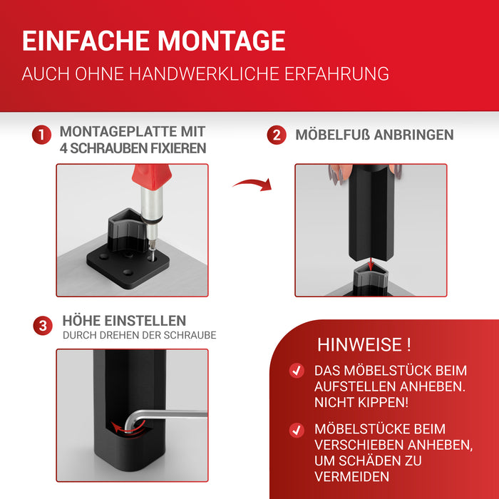 LouMaxx Möbelfüße verstellbar – 4er Set 38x38x150mm in Schwarz inkl. Befestigungsplatte – Füsse für Schränke passend als Kallax Füße – Hochwertige Schrank Füße für individuelle DIY-Möbel