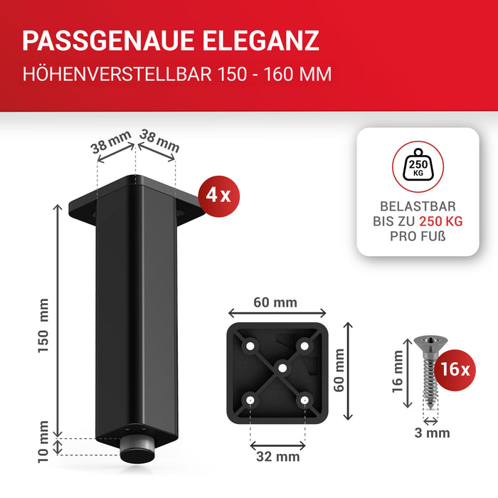 LouMaxx Möbelfüße verstellbar – 4er Set 38x38x150mm in Schwarz inkl. Befestigungsplatte – Füsse für Schränke passend als Kallax Füße – Hochwertige Schrank Füße für individuelle DIY-Möbel