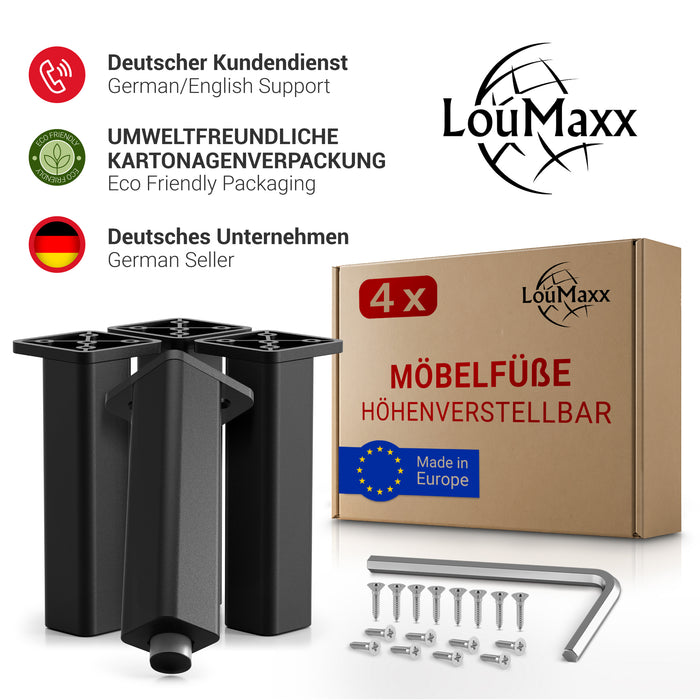 LouMaxx Möbelfüße verstellbar – 4er Set 38x38x150mm in Schwarz inkl. Befestigungsplatte – Füsse für Schränke passend als Kallax Füße – Hochwertige Schrank Füße für individuelle DIY-Möbel