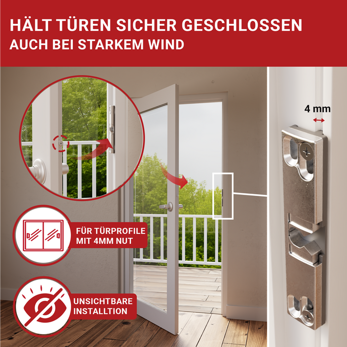 LouMaxx Balkontür Schnäpper - Unsichtbarer Türschnapper - Universell einsetzbar als Terrassentür Schnäpper und Türschnapper Balkontür - Schnapper inkl. Schrauben