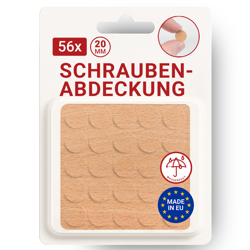 LouMaxx Abdeckkappen für Schrauben rund, Buche Ø 20 mm – 56er Set - Selbstklebende Abdeckkappen für Bohrlöcher und kleine Beschädigungen – Universelle Schraubenabdeckung weiss – Made in EU