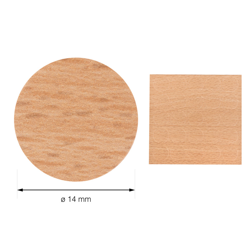 LouMaxx Abdeckkappen für Schrauben rund, Buche Ø 14 mm – 50er Set - Selbstklebende Abdeckkappen für Bohrlöcher und kleine Beschädigungen – Universelle Schraubenabdeckung– Made in EU