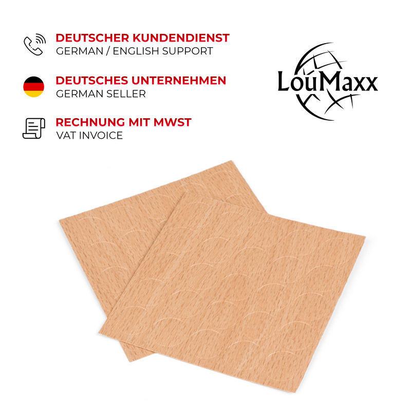LouMaxx Abdeckkappen für Schrauben rund, Buche Ø 14 mm – 50er Set - Selbstklebende Abdeckkappen für Bohrlöcher und kleine Beschädigungen – Universelle Schraubenabdeckung– Made in EU