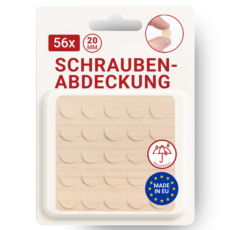 LouMaxx Abdeckkappen für Schrauben rund, Ahorn Ø 20 mm – 56er Set - Selbstklebende Abdeckkappen für Bohrlöcher und kleine Beschädigungen – Universelle Schraubenabdeckung weiss – Made in EU