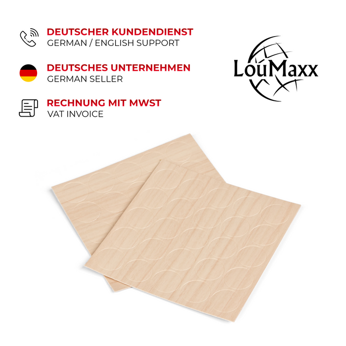 LouMaxx Abdeckkappen für Schrauben rund, Ahorn Ø 14 mm – 50er Set - Selbstklebende Abdeckkappen für Bohrlöcher und kleine Beschädigungen – Universelle Schraubenabdeckung Made in EU