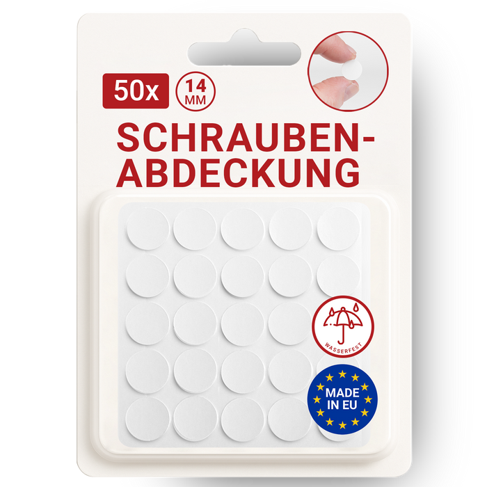 LouMaxx Abdeckkappen für Schrauben rund, Weiß Ø 14 mm – 50er Set selbstklebende Abdeckkappen für Bohrlöcher und kleine Beschädigungen – Universelle Schraubenabdeckung weiss made in EU