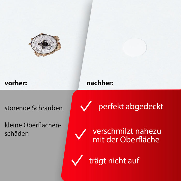 LouMaxx Abdeckkappen für Schrauben rund, Weiß Ø 14 mm – 50er Set selbstklebende Abdeckkappen für Bohrlöcher und kleine Beschädigungen – Universelle Schraubenabdeckung weiss made in EU