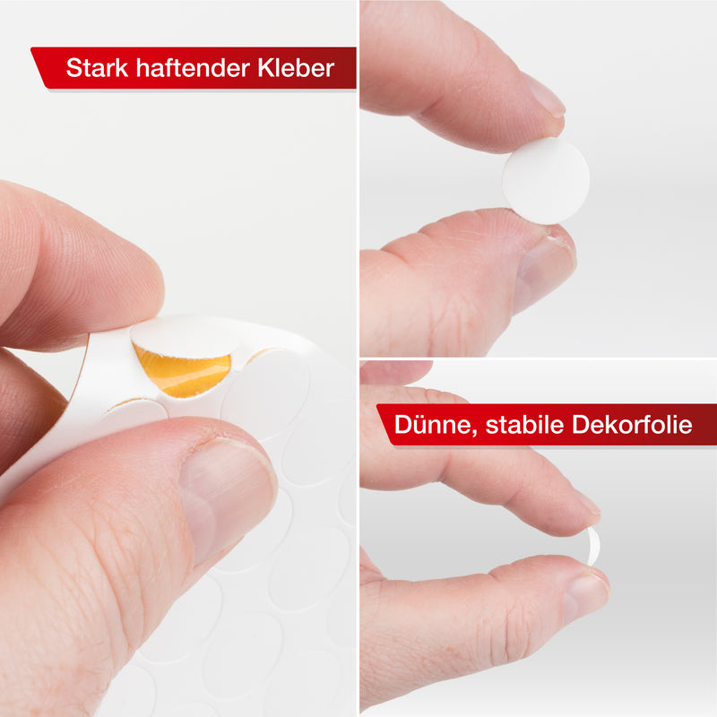 LouMaxx Abdeckkappen für Schrauben rund, Weiß Hochglanz, Ø 14 mm – 50er Set - Selbstklebende Abdeckkappen für Bohrlöcher und kleine Beschädigungen – Universelle Schraubenabdeckung weiss – Made in EU