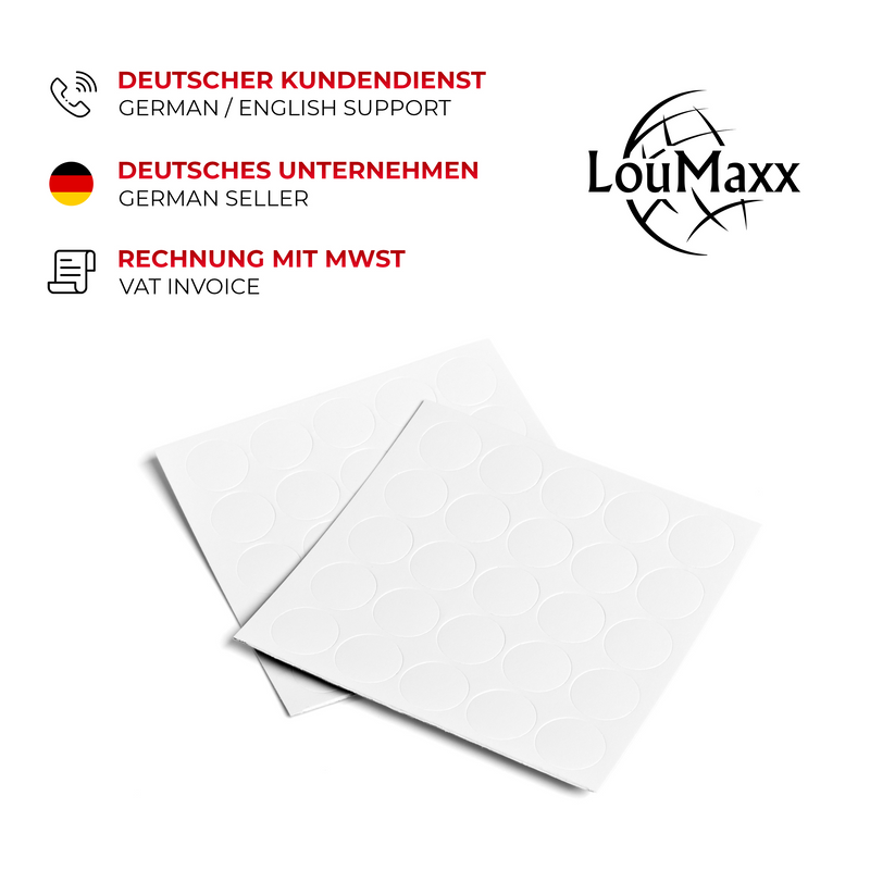 LouMaxx Abdeckkappen für Schrauben rund, Weiß Hochglanz, Ø 20 mm – 56er Set - Selbstklebende Abdeckkappen für Bohrlöcher und kleine Beschädigungen – Universelle Schraubenabdeckung weiss – Made in EU