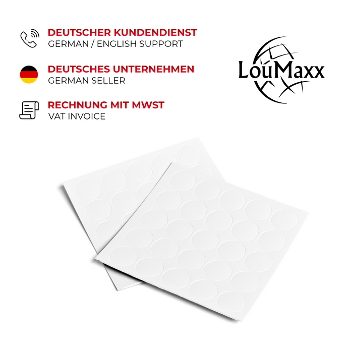 LouMaxx Abdeckkappen für Schrauben rund, Weiß Ø 14 mm – 50er Set selbstklebende Abdeckkappen für Bohrlöcher und kleine Beschädigungen – Universelle Schraubenabdeckung weiss made in EU