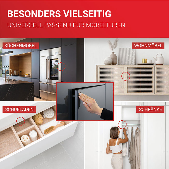 LouMaxx Drucktüröffner – müheloses Öffnen von Schranktüren und Schubladen durch Push to open Türöffner – geeignet für viele Schränke z.B. von Ikea – 4er-Set Drucktüröffner Schrank, vernickelt, mit Neodym Magnet
