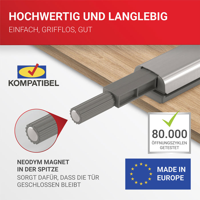 LouMaxx Drucktüröffner – müheloses Öffnen von Schranktüren und Schubladen durch Push to open Türöffner – geeignet für viele Schränke z.B. von Ikea – 4er-Set Drucktüröffner Schrank, vernickelt, mit Neodym Magnet