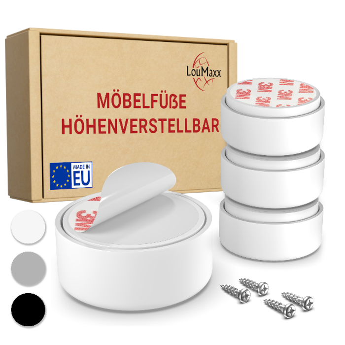 LouMaxx Möbelgleiter höhenverstellbar 4er Set - Wackelnde Möbel stabilisieren - Ø 5,5cm, bis 80kg belastbar | Made in EU, zum Kleben oder Schrauben, weiß