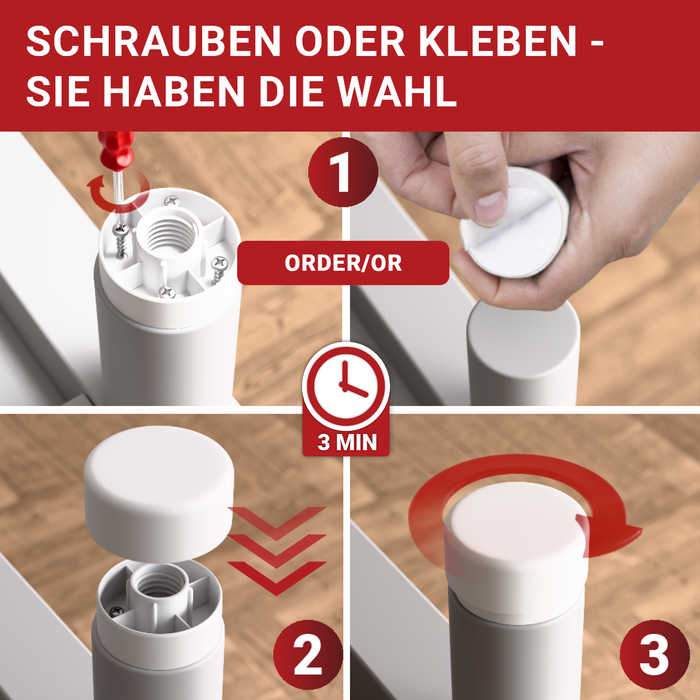 LouMaxx Möbelgleiter höhenverstellbar 4er Set - Wackelnde Möbel stabilisieren - Ø 5,5cm, bis 80kg belastbar | Made in EU, zum Kleben oder Schrauben, weiß