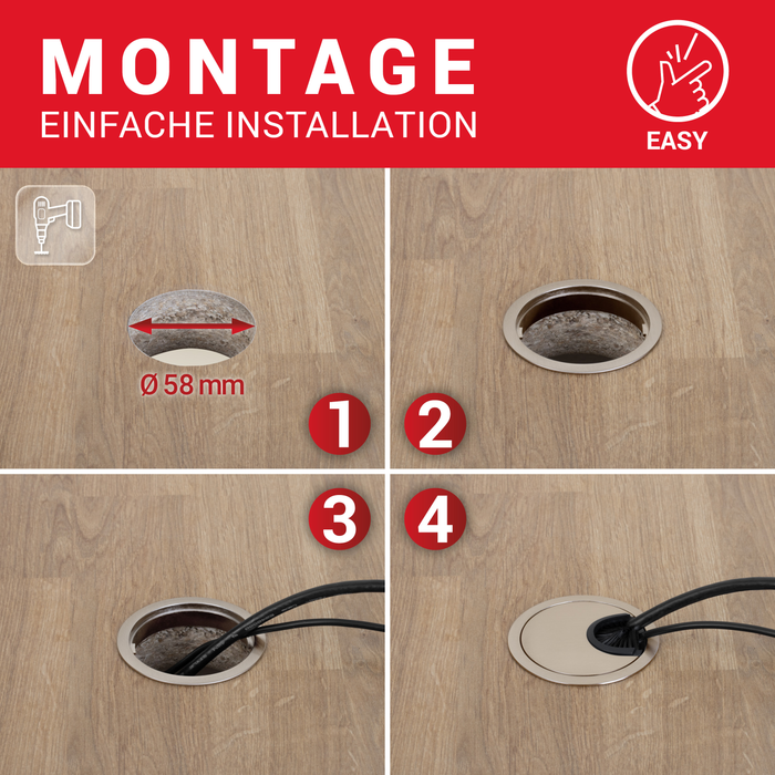 LouMaxx Kabeldurchführung 58 mm Ø –  2er Set Metall matt Nickel Kabeldurchführung Schreibtisch mit Bürstendichtung