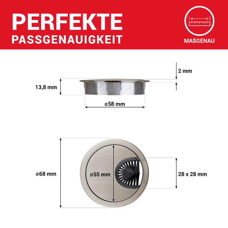 LouMaxx Kabeldurchführung 58 mm Ø –  2er Set Metall matt Nickel Kabeldurchführung Schreibtisch mit Bürstendichtung