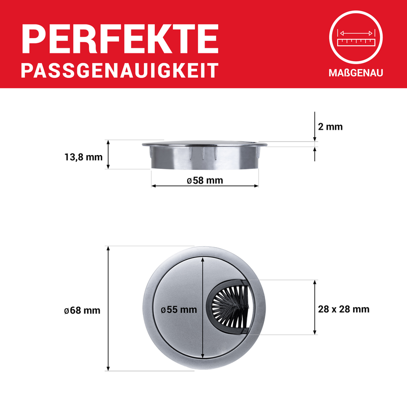 LouMaxx Kabeldurchführung 58mm Ø - 2er-Set Metall matt Chrom Kabeldurchführung Schreibtisch mit Staubdichtung - Für mehr Ordnung und Übersicht