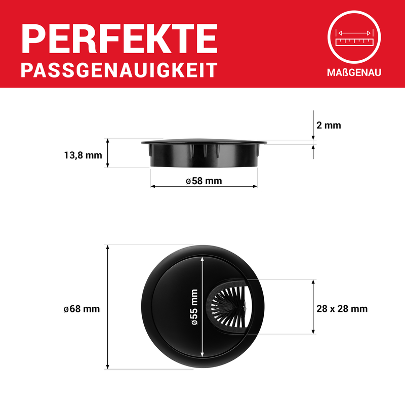 LouMaxx Kabeldurchführung 58mm Ø - 2er Set Kabeldurchführung Metall Schwarz - Kabeldurchführung Schreibtisch mit Staubdichtung