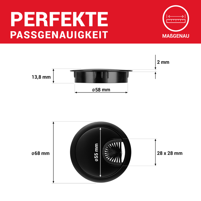 LouMaxx Kabeldurchführung 58mm Ø - 2er Set Kabeldurchführung Metall Schwarz - Kabeldurchführung Schreibtisch mit Staubdichtung