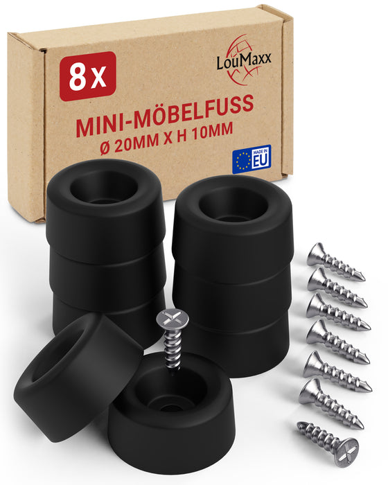 LouMaxx Mini-Möbelfüße 8 Stück Ø 20mm H 10mm - Möbelbeine Kunststoff für Kommoden Schränke Regale - Bodenabstandshalter mit 8 Schrauben Made in EU