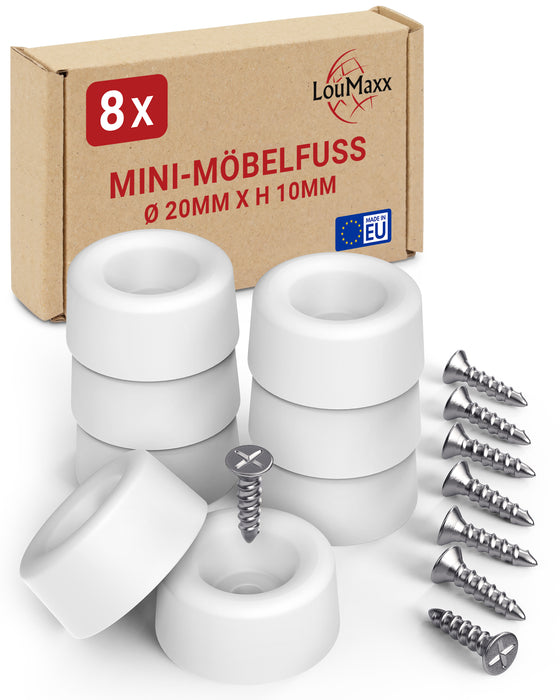 LouMaxx Mini-Möbelfüße 8 Stück Ø 20mm H 10mm - Möbelbeine Kunststoff für Kommoden Schränke Regale - Bodenabstandshalter mit 8 Schrauben Made in EU