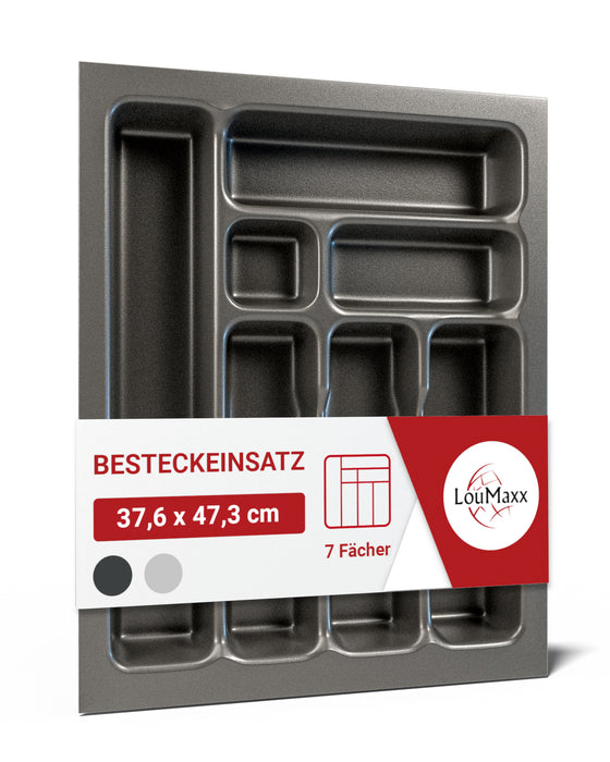 LouMaxx Besteckeinsatz für 45cm breite Schubladen - Besteckkasten 50x45 Made in Germany, basaltgrau mit 7 Fächern und stabilen Ecken - bruchfest & langlebig