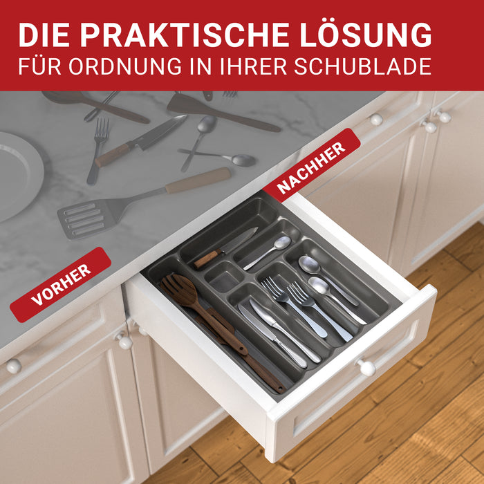LouMaxx Besteckeinsatz für 45cm breite Schubladen - Besteckkasten 50x45 Made in Germany, basaltgrau mit 7 Fächern und stabilen Ecken - bruchfest & langlebig