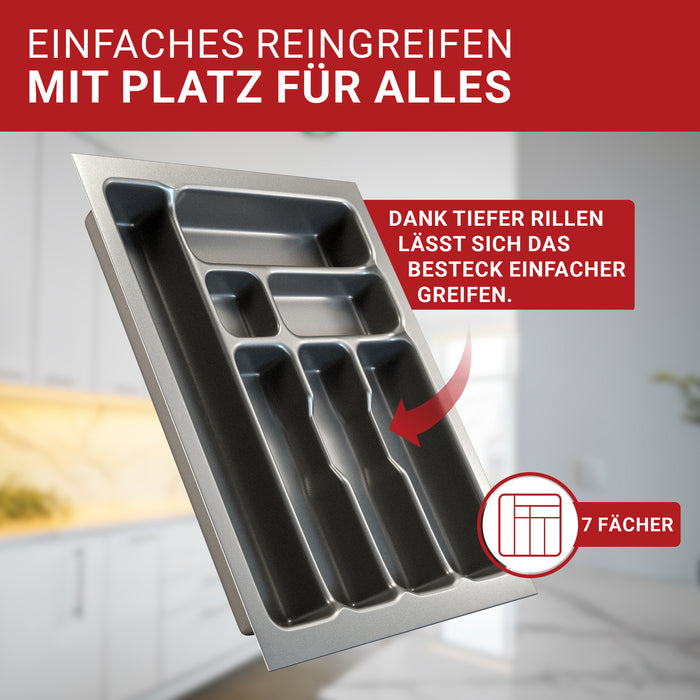 LouMaxx Besteckeinsatz für 45cm breite Schubladen - Besteckkasten 50x45 Made in Germany, basaltgrau mit 7 Fächern und stabilen Ecken - bruchfest & langlebig